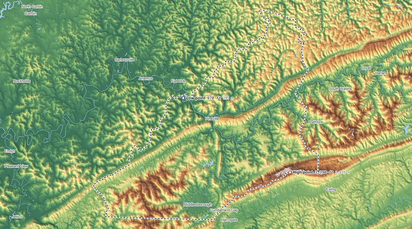 Topographic elevation map of Bell County, Kentucky, shaded from 970 ft near the middle to 3,390 ft on the southeast side