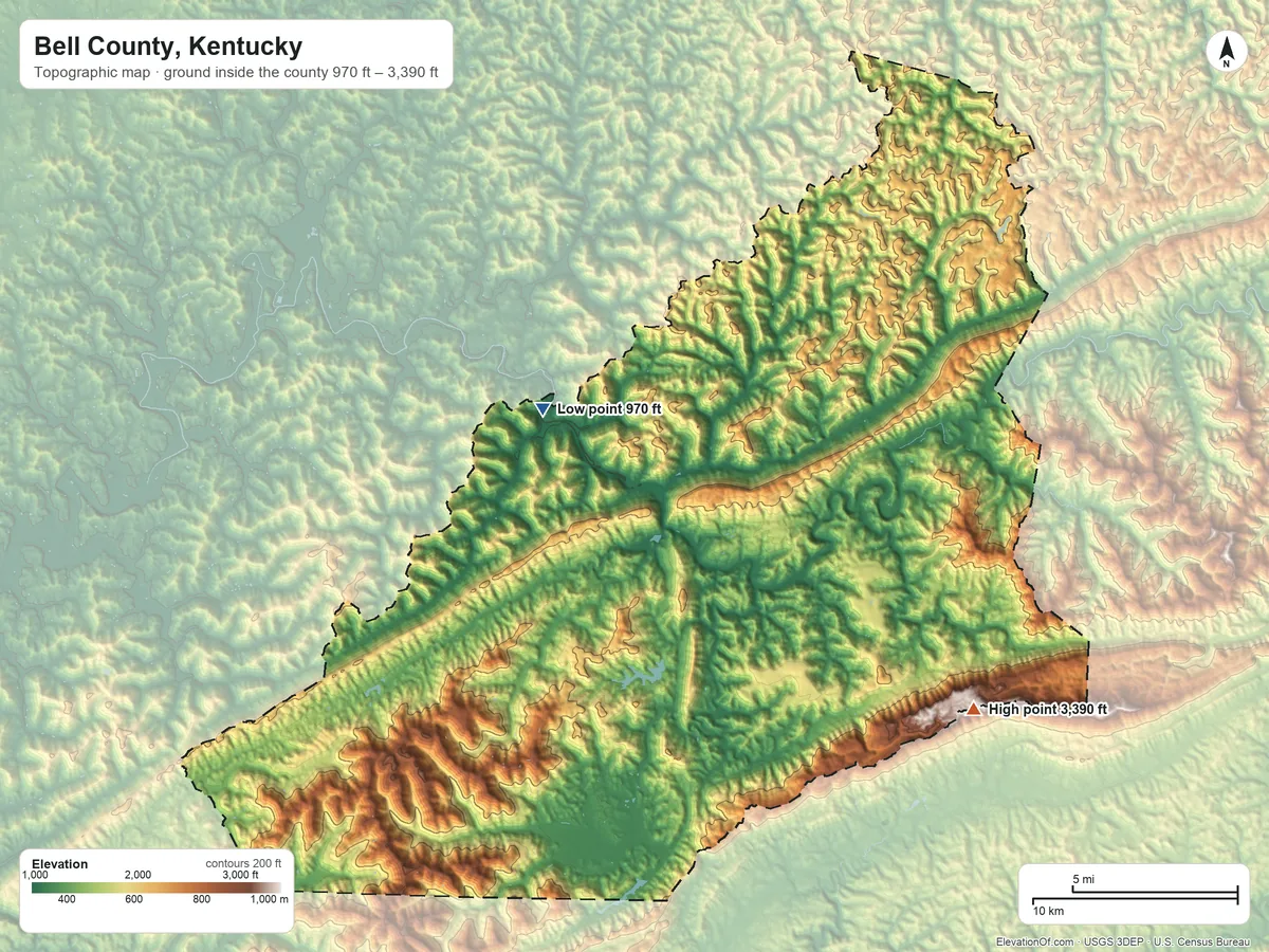 Topographic elevation map of Bell County, Kentucky, shaded from 970 ft near the middle to 3,390 ft on the southeast side