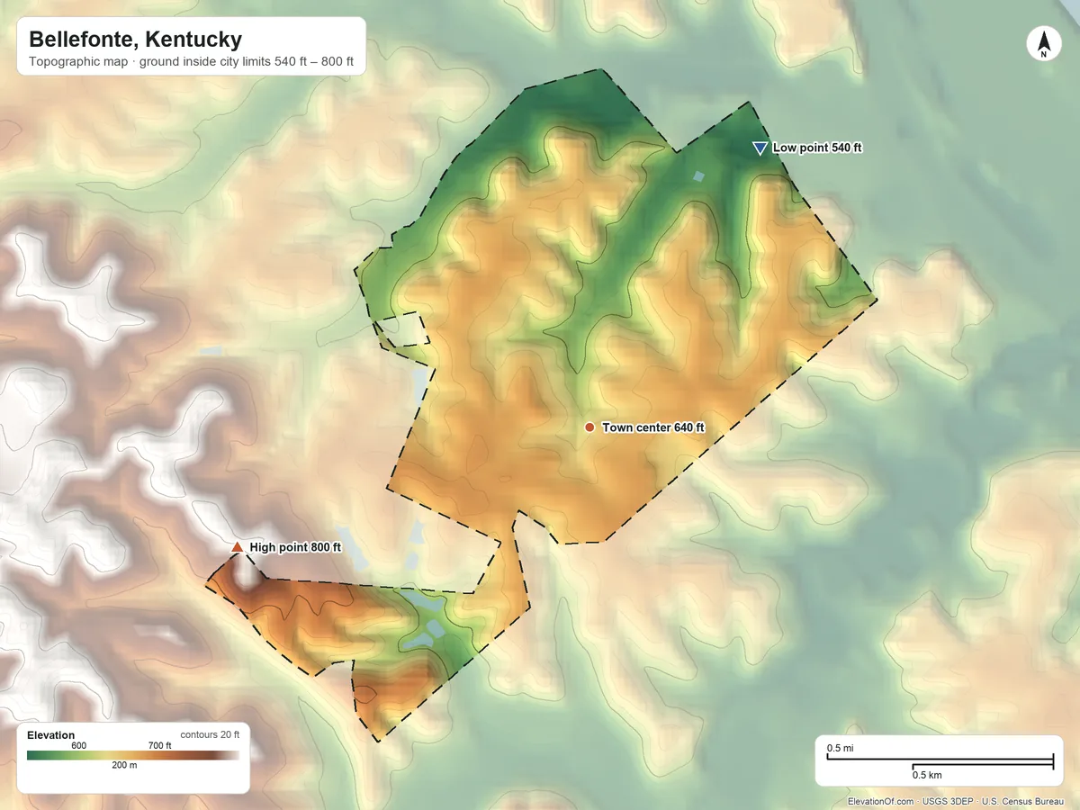 Topographic elevation map of Bellefonte, Kentucky, shaded from 540 ft on the northeast side to 800 ft on the west side