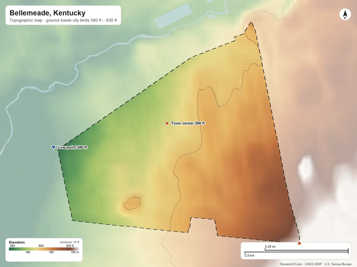 Topographic elevation map of Bellemeade, Kentucky, shaded from 580 ft on the west side to 630 ft on the southeast side
