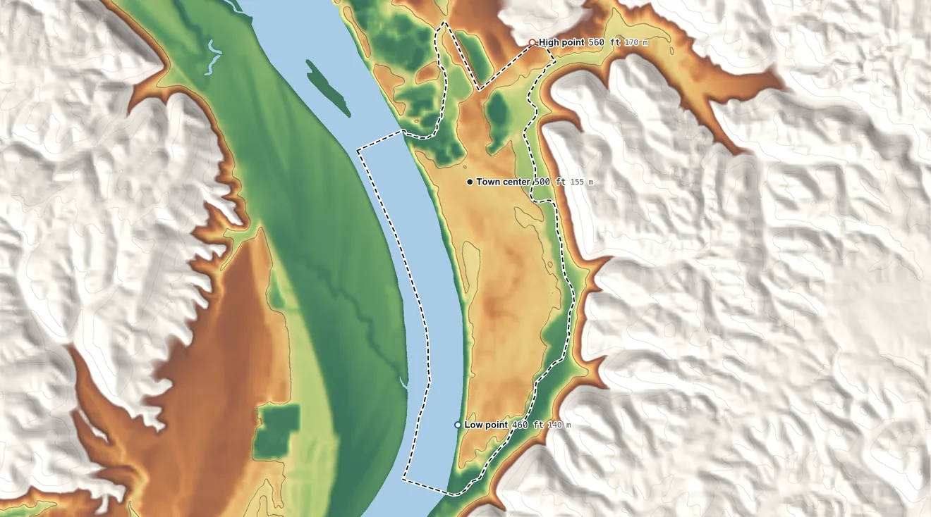 Topographic elevation map of Belleview, Kentucky, shaded from 460 ft on the south side to 560 ft on the northeast side