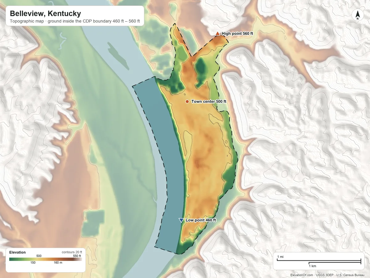 Topographic elevation map of Belleview, Kentucky, shaded from 460 ft on the south side to 560 ft on the northeast side