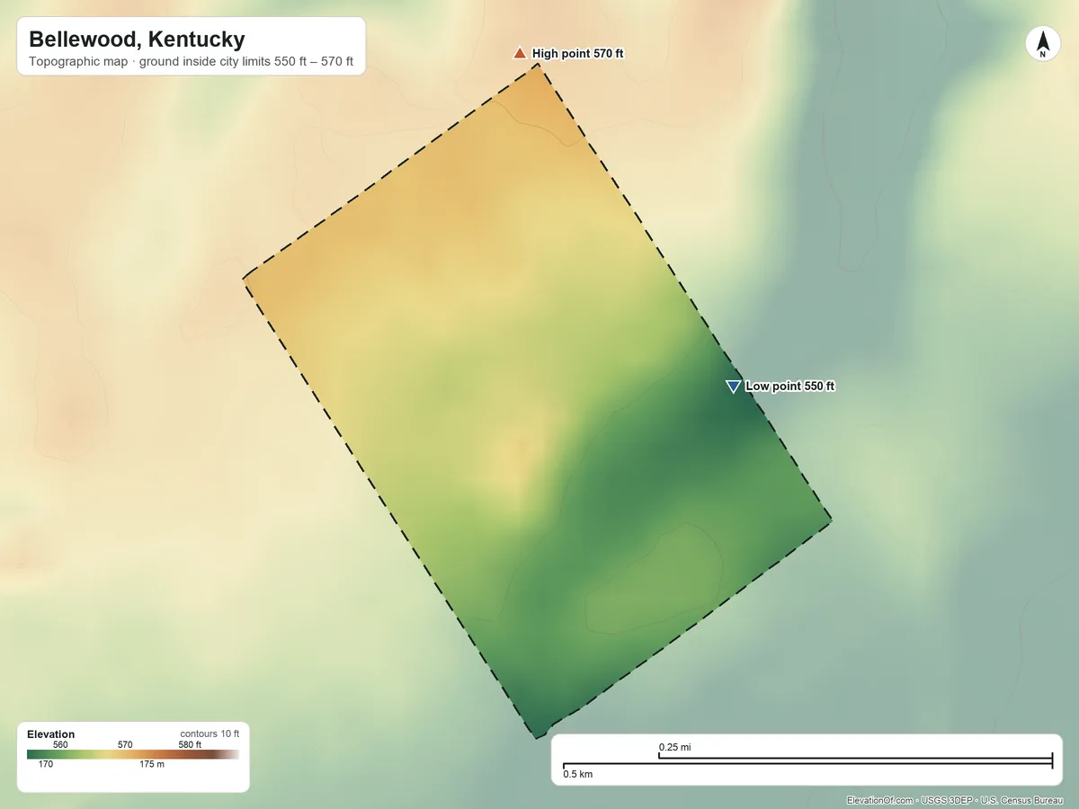 Topographic elevation map of Bellewood, Kentucky, shaded from 550 ft on the east side to 570 ft on the north side