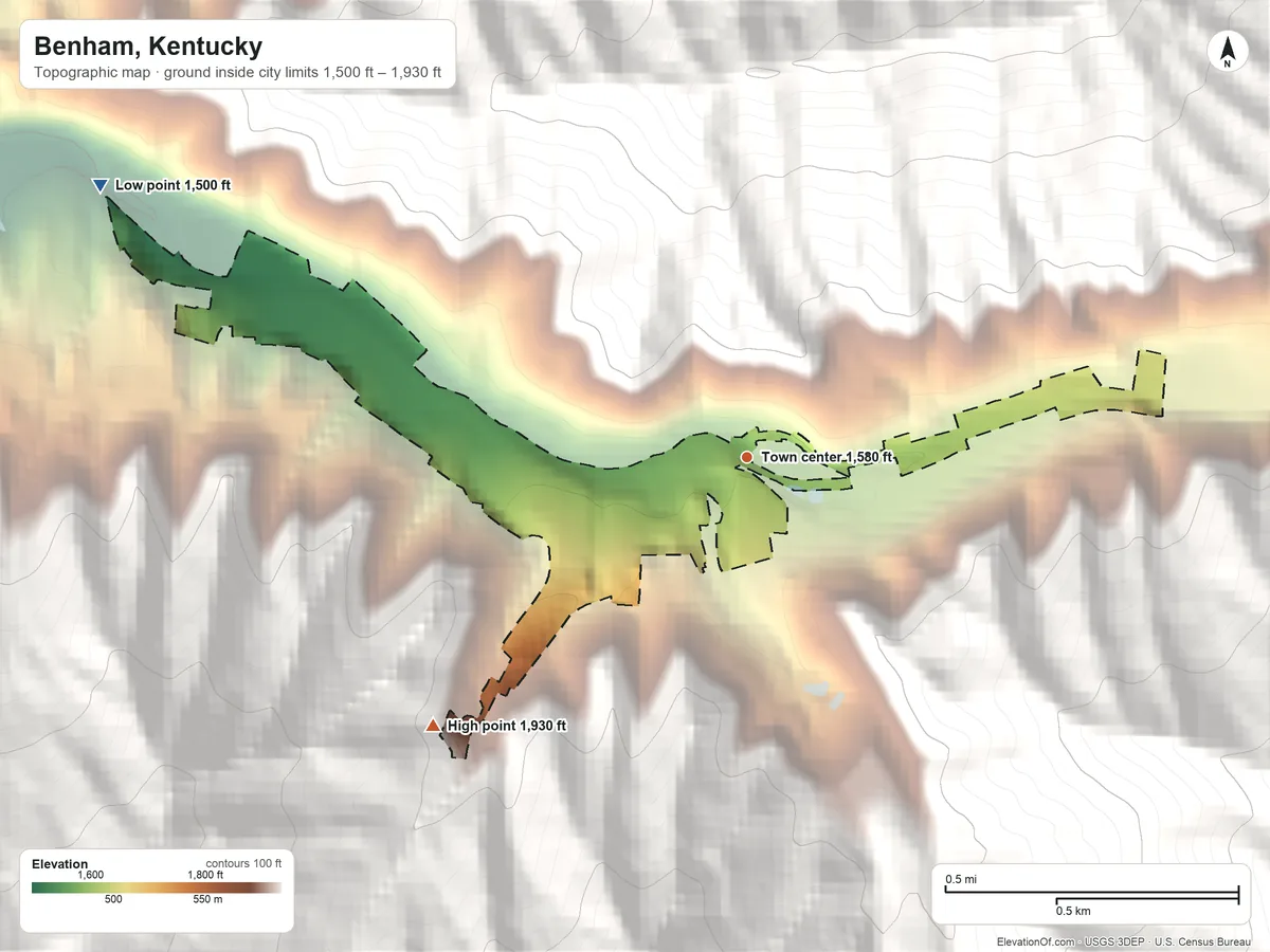 Topographic elevation map of Benham, Kentucky, shaded from 1,500 ft on the northwest side to 1,930 ft on the southwest edge, below higher ground just outside