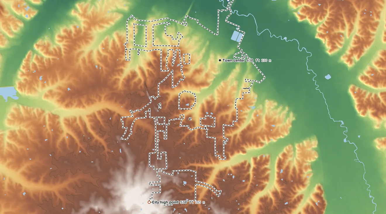 Topographic elevation map of Benton, Kentucky, shaded from 360 ft on the north side to 530 ft on the southwest side