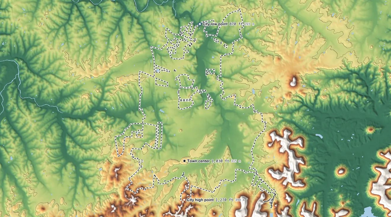 Topographic elevation map of Berea, Kentucky, shaded from 870 ft on the north side to 1,270 ft on the south side
