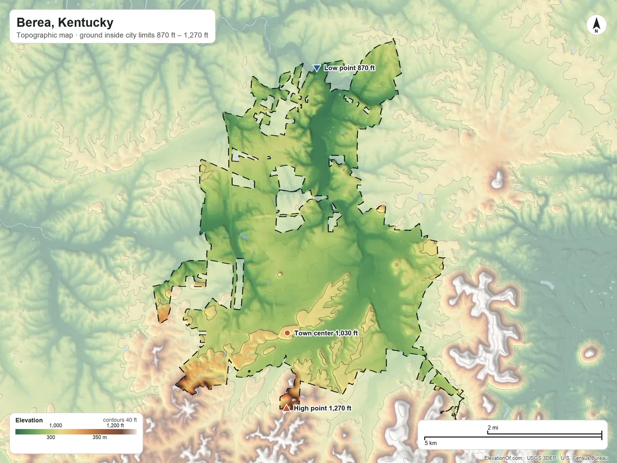 Topographic elevation map of Berea, Kentucky, shaded from 870 ft on the north side to 1,270 ft on the south side