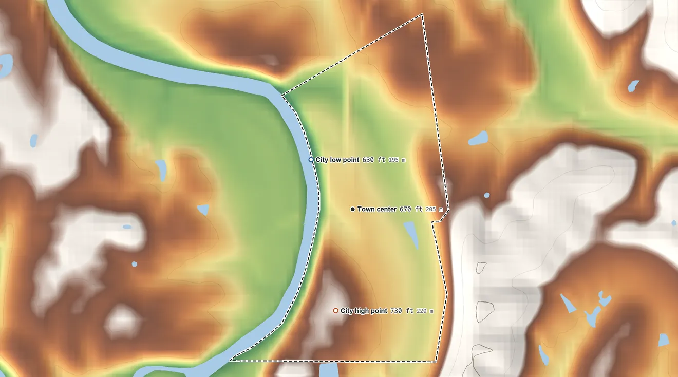 Topographic elevation map of Berry, Kentucky, shaded from 630 ft on the northwest side to 730 ft on the south side