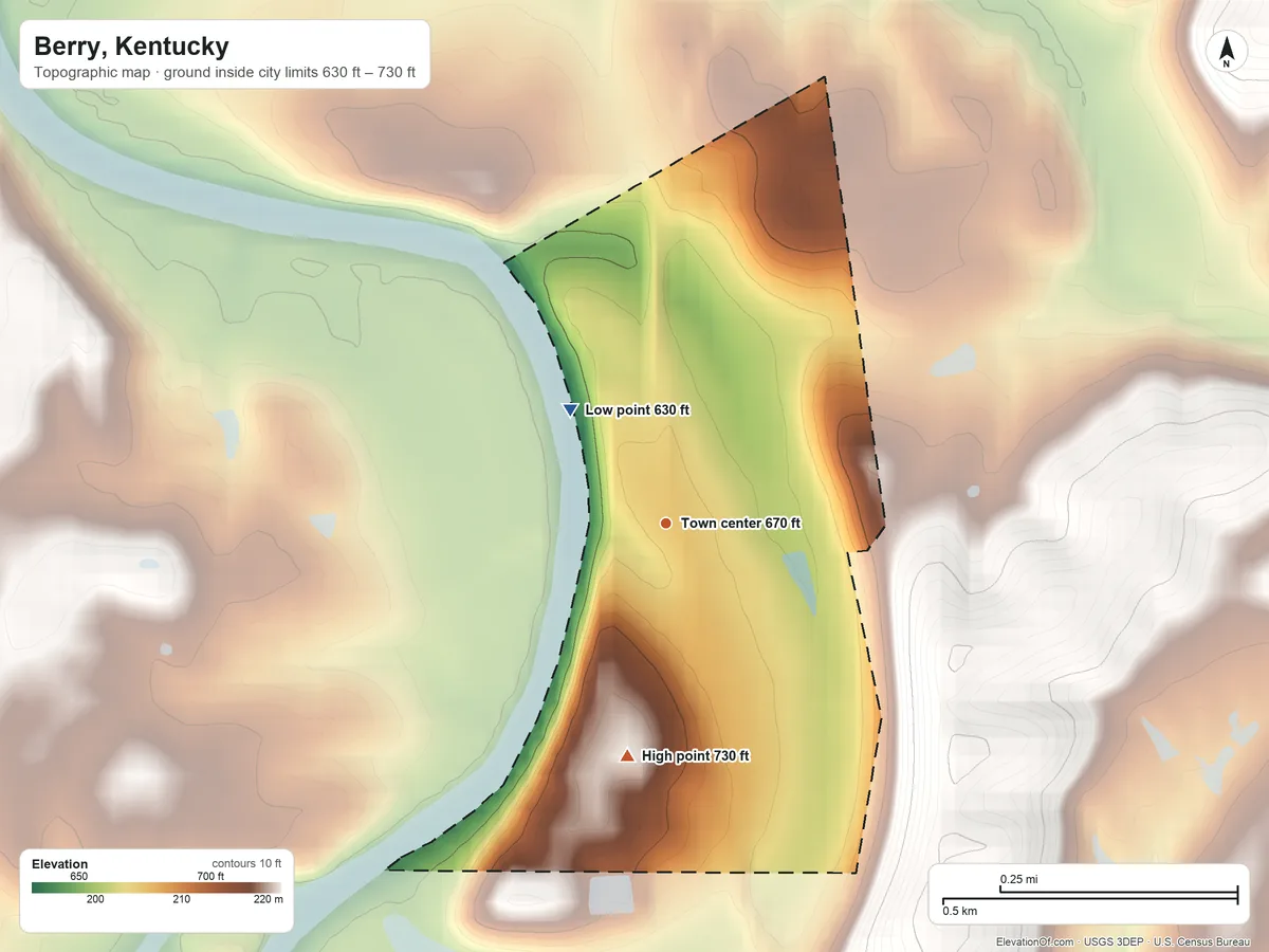 Topographic elevation map of Berry, Kentucky, shaded from 630 ft on the northwest side to 730 ft on the south side