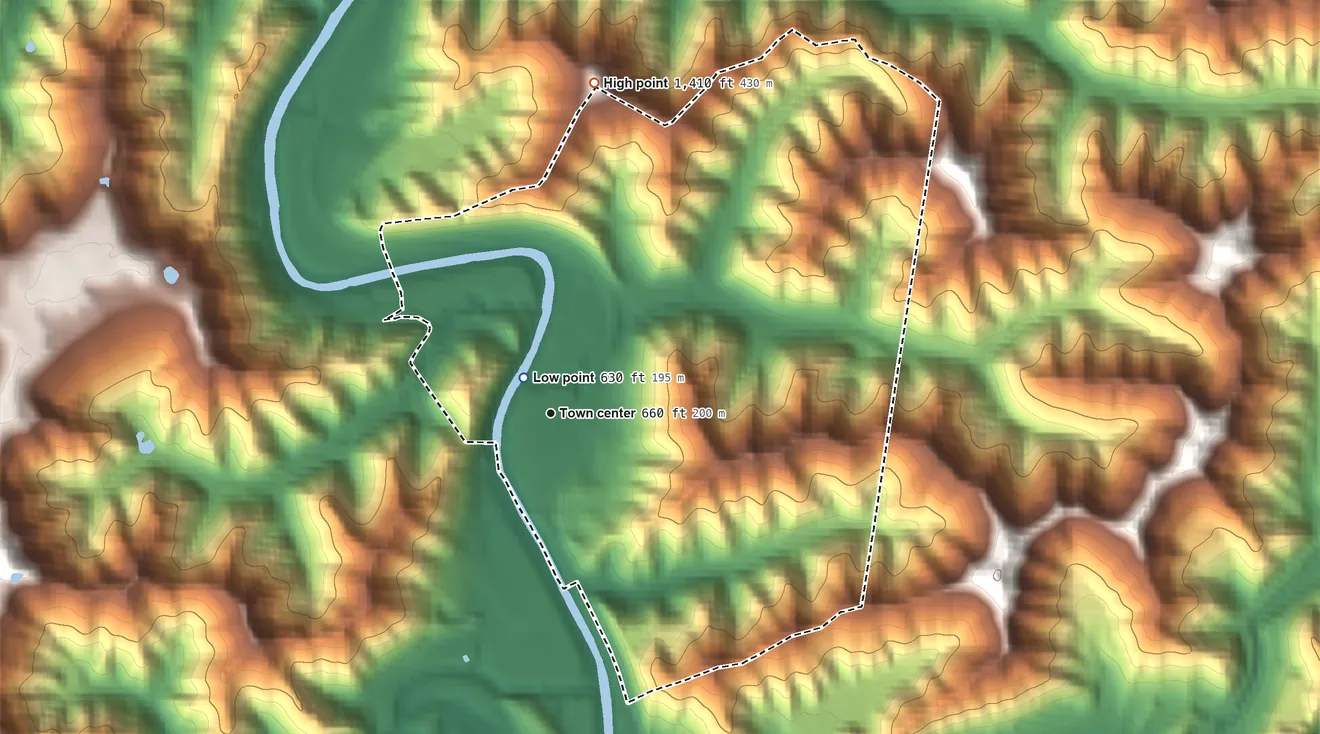 Topographic elevation map of Betsy Layne, Kentucky, shaded from 630 ft near the middle to 1,410 ft on the north side