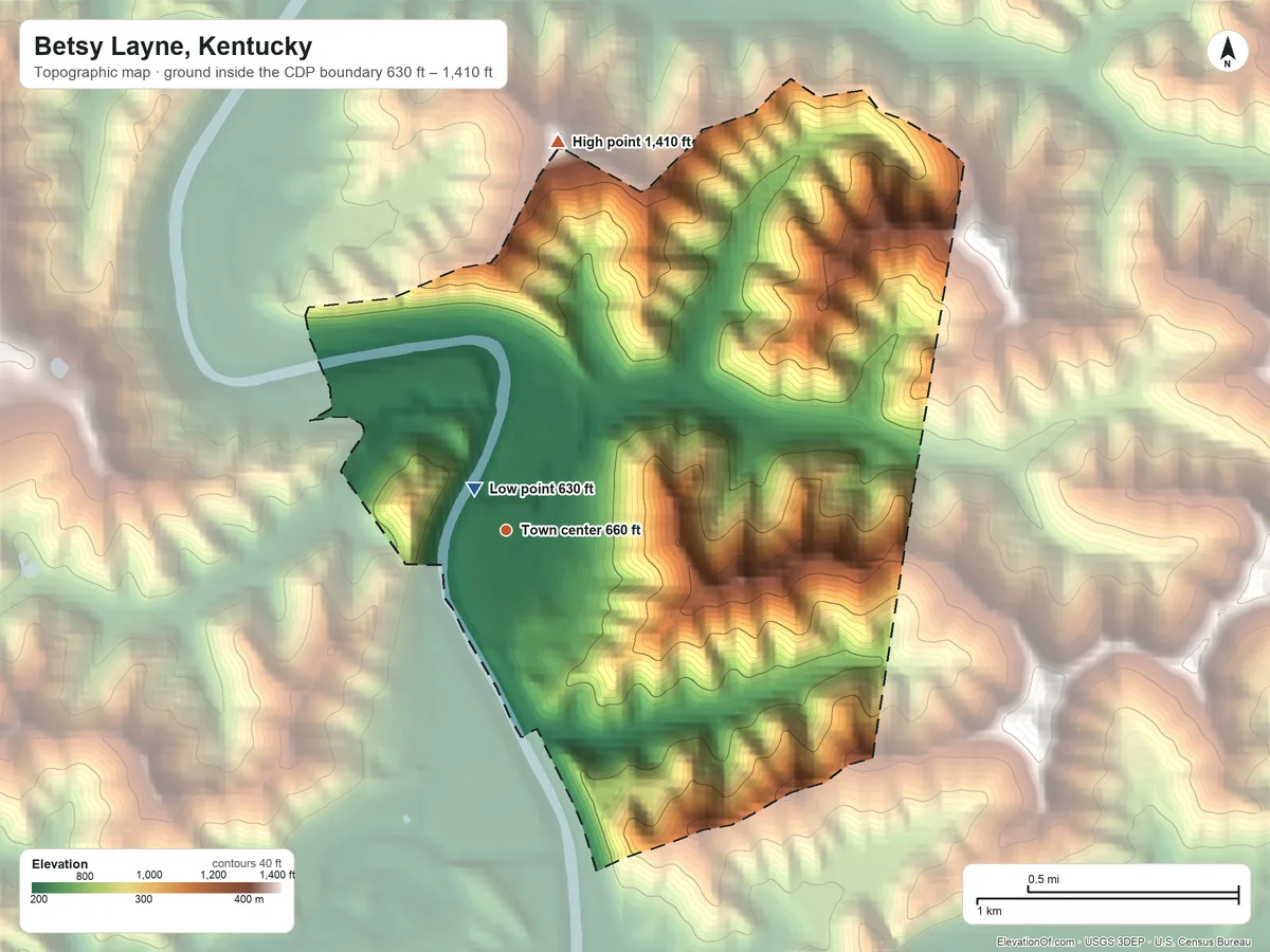 Topographic elevation map of Betsy Layne, Kentucky, shaded from 630 ft near the middle to 1,410 ft on the north side