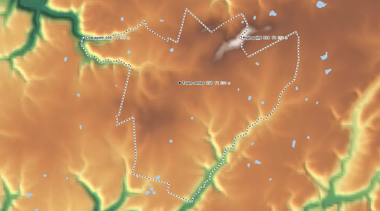 Topographic elevation map of Big Clifty, Kentucky, shaded from 600 ft on the northwest side to 810 ft on the northeast side