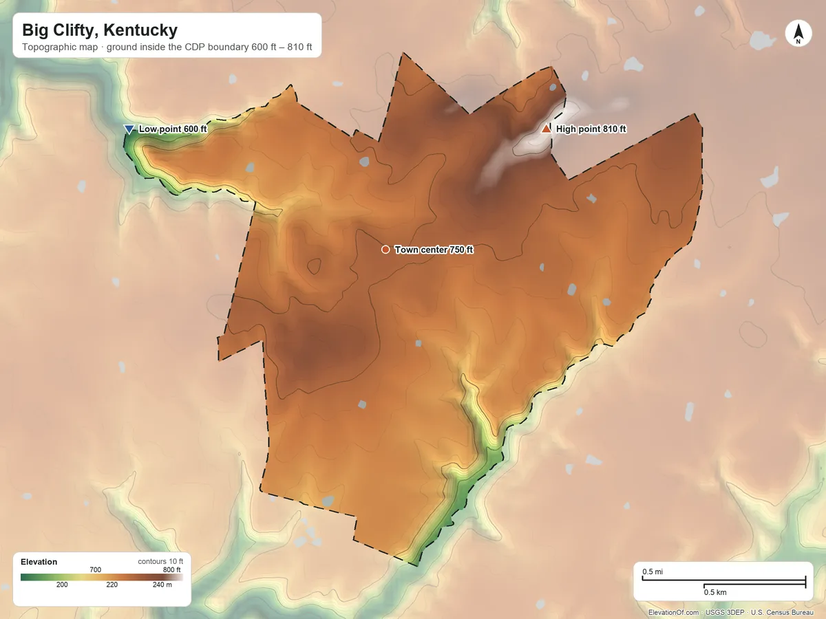 Topographic elevation map of Big Clifty, Kentucky, shaded from 600 ft on the northwest side to 810 ft on the northeast side