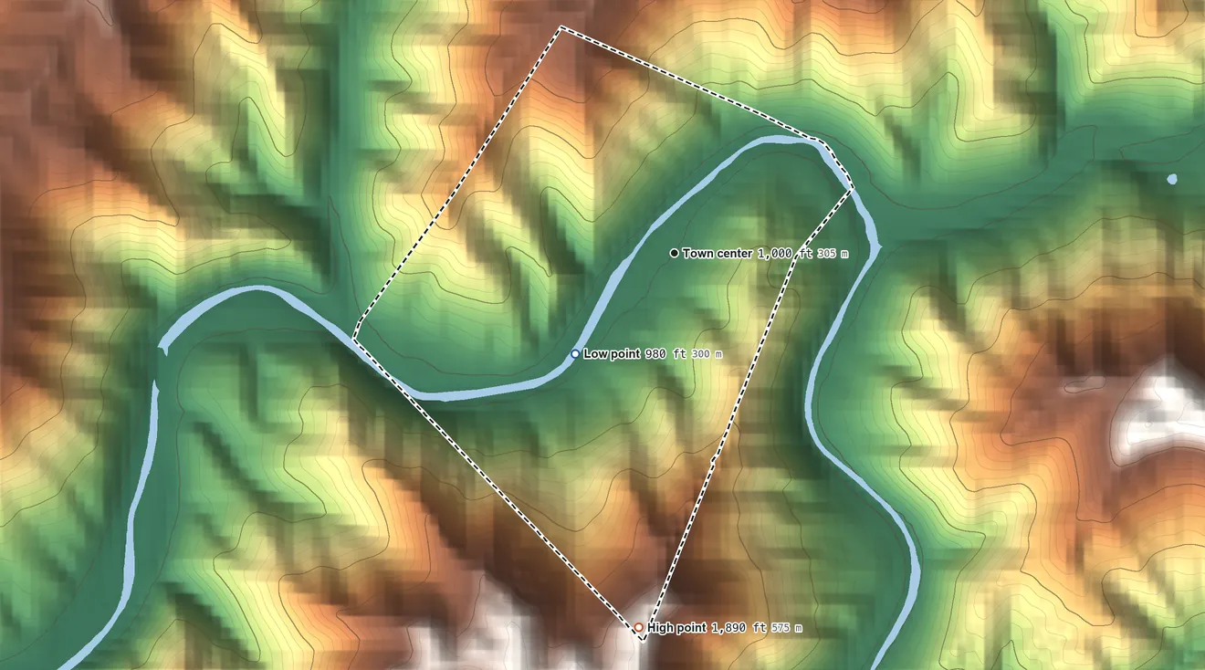 Topographic elevation map of Blackey, Kentucky, shaded from 980 ft on the southwest side to 1,890 ft on the south side