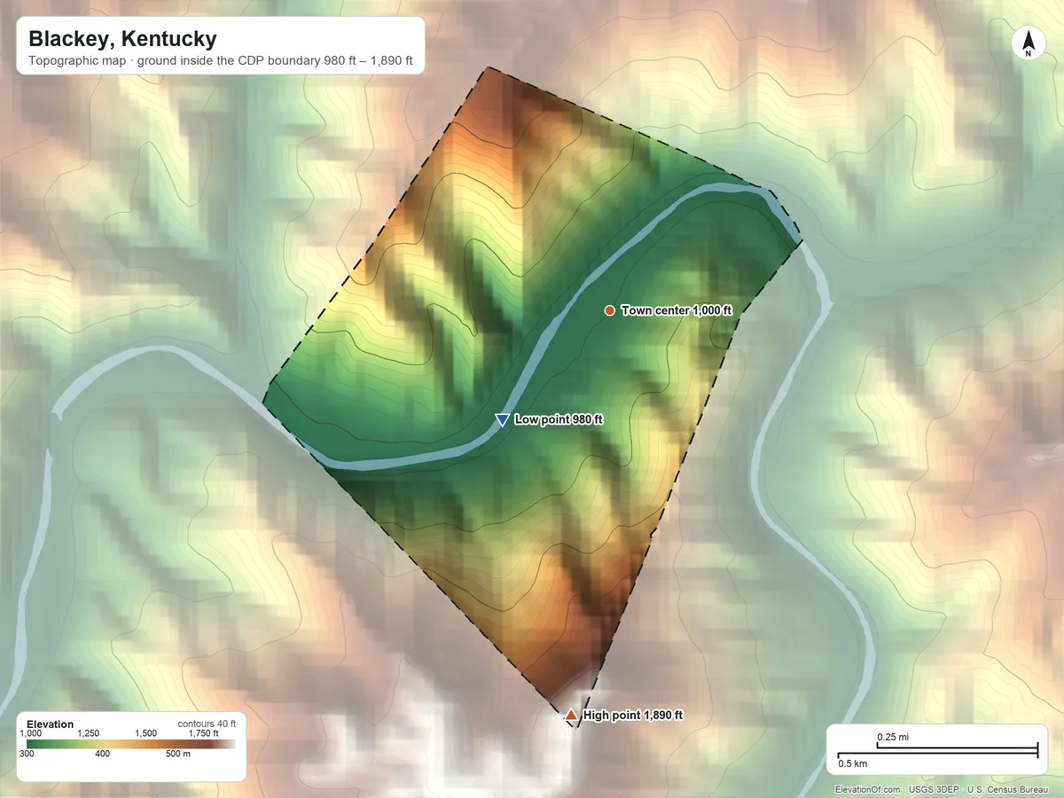 Topographic elevation map of Blackey, Kentucky, shaded from 980 ft on the southwest side to 1,890 ft on the south side
