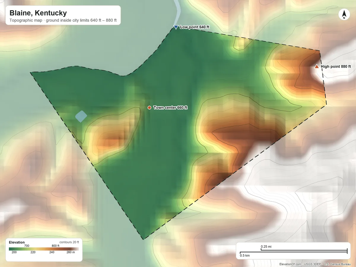 Topographic elevation map of Blaine, Kentucky, shaded from 640 ft on the north side to 880 ft on the east side