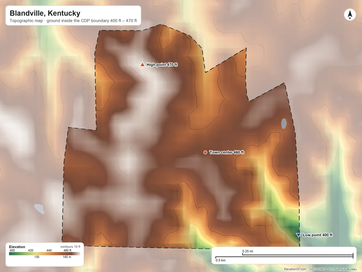 Topographic elevation map of Blandville, Kentucky, shaded from 400 ft on the southeast side to 470 ft on the northwest side