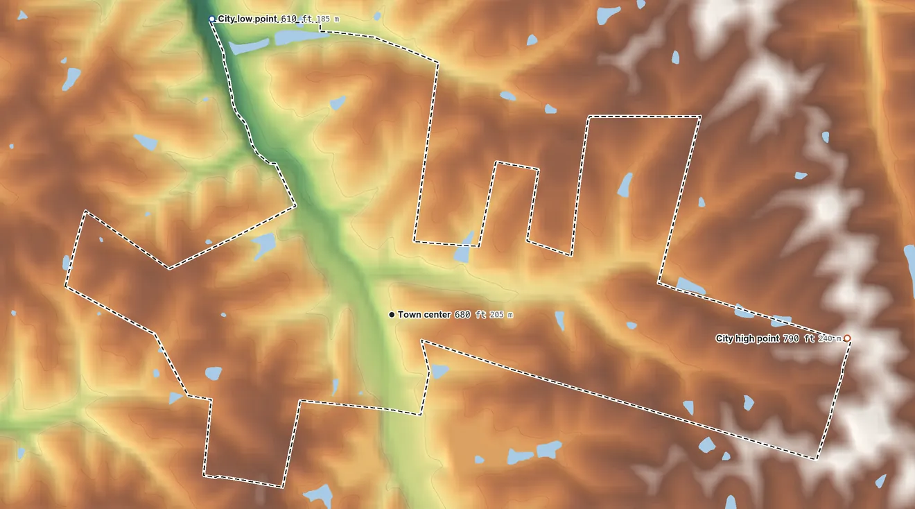 Topographic elevation map of Bloomfield, Kentucky, shaded from 610 ft on the northwest side to 790 ft on the east side