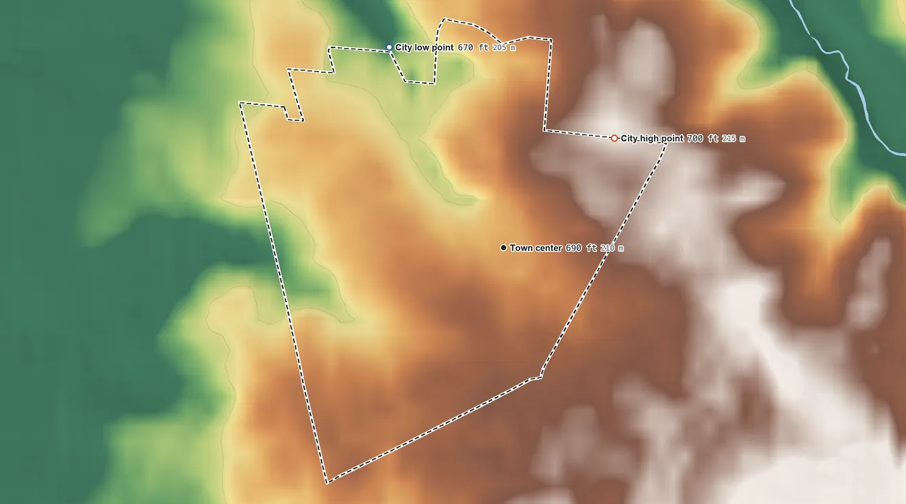 Topographic elevation map of Blue Ridge Manor, Kentucky, shaded from 670 ft on the northwest side to 700 ft on the northeast side