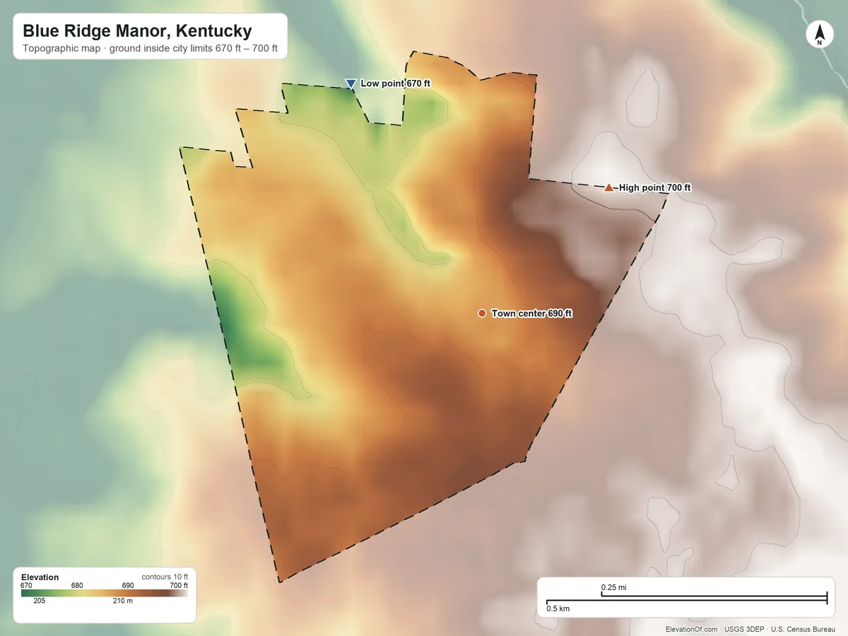 Topographic elevation map of Blue Ridge Manor, Kentucky, shaded from 670 ft on the northwest side to 700 ft on the northeast side