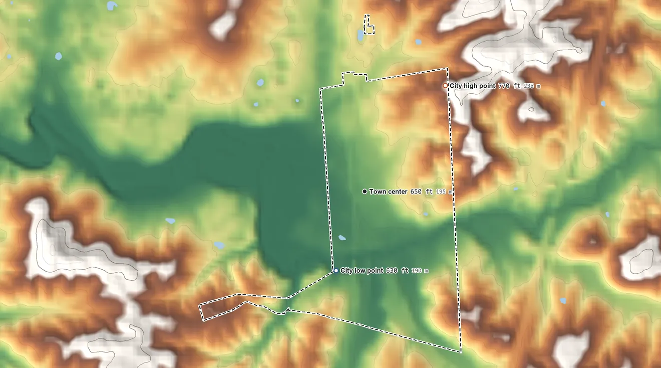 Topographic elevation map of Bonnieville, Kentucky, shaded from 630 ft on the south side to 770 ft on the northeast side