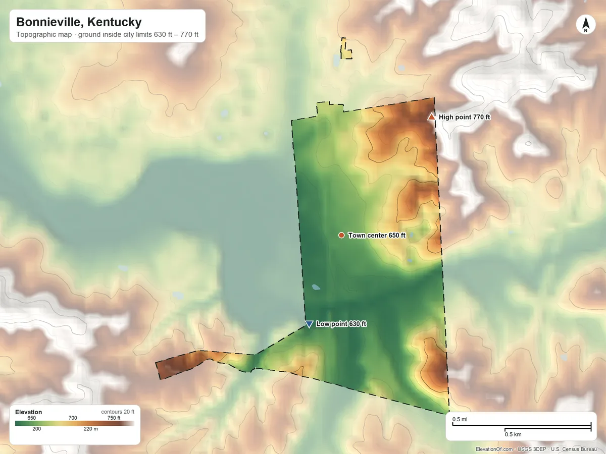 Topographic elevation map of Bonnieville, Kentucky, shaded from 630 ft on the south side to 770 ft on the northeast side