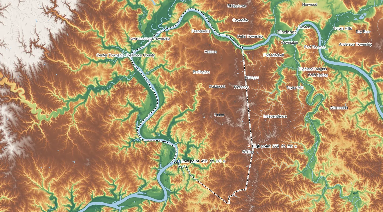 Topographic elevation map of Boone County, Kentucky, shaded from 450 ft on the south side to 970 ft on the southeast side