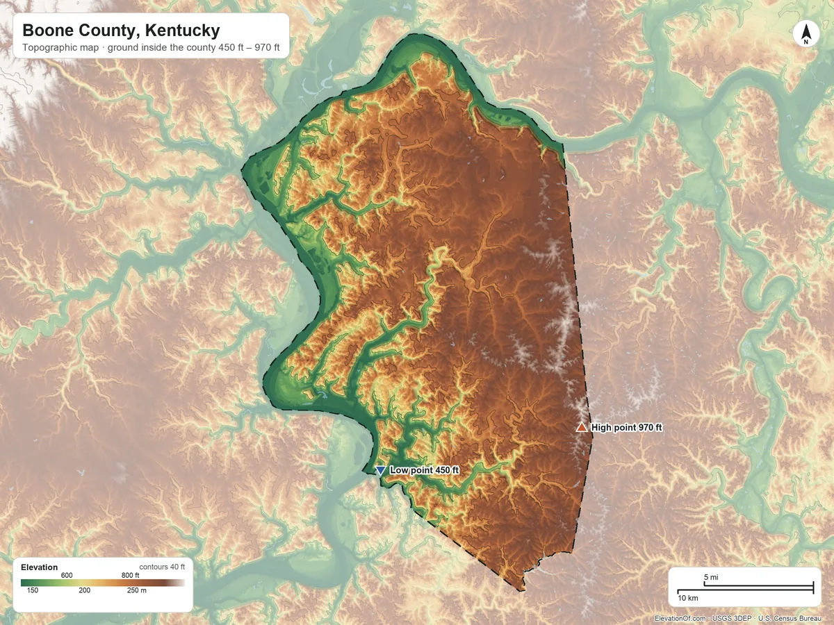Topographic elevation map of Boone County, Kentucky, shaded from 450 ft on the south side to 970 ft on the southeast side