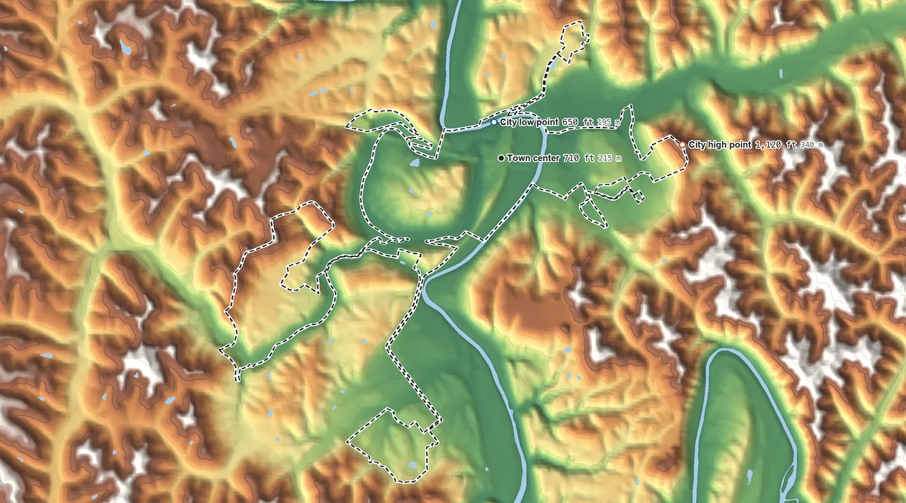 Topographic elevation map of Booneville, Kentucky, shaded from 650 ft near the middle to 1,120 ft on the east side