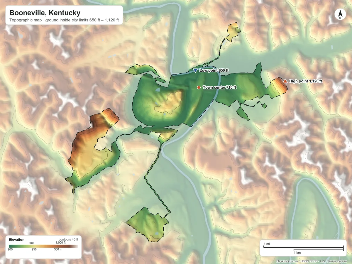 Topographic elevation map of Booneville, Kentucky, shaded from 650 ft near the middle to 1,120 ft on the east side