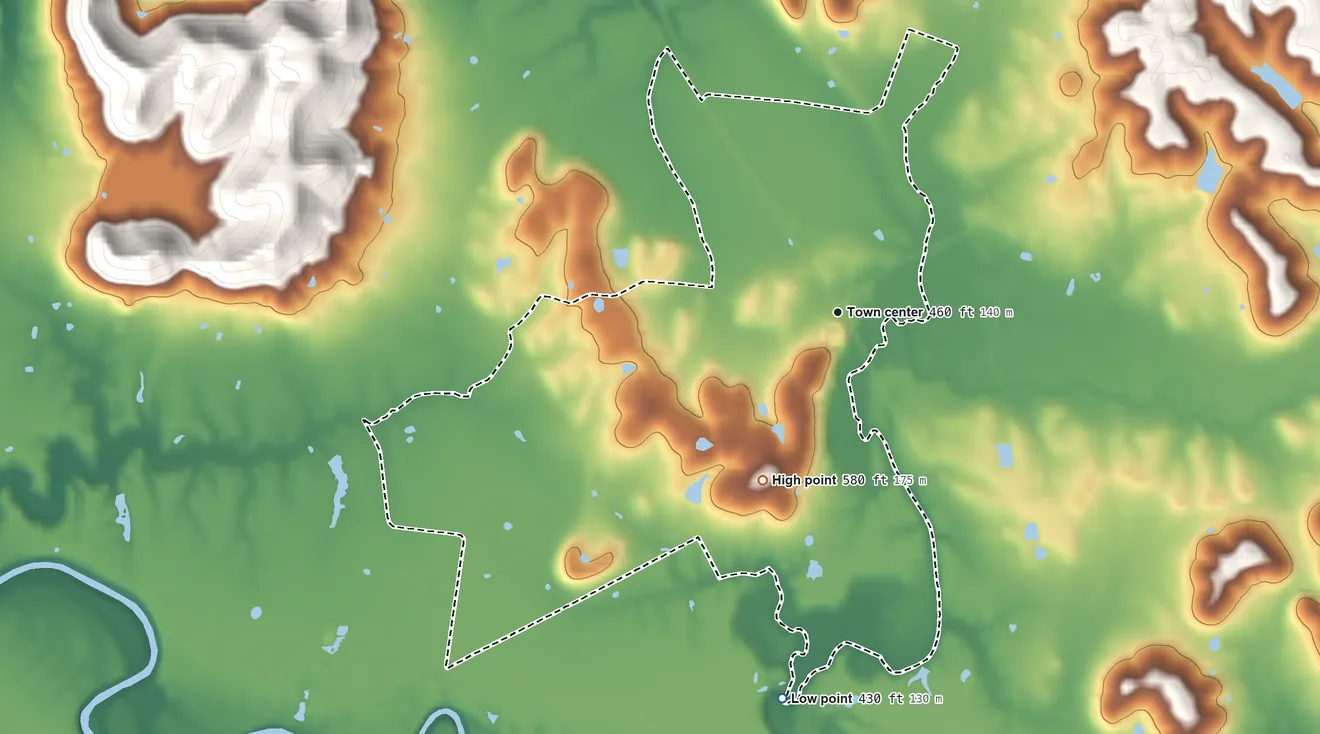 Topographic elevation map of Boston, Kentucky, shaded from 430 ft on the south side to 580 ft on the southwest side