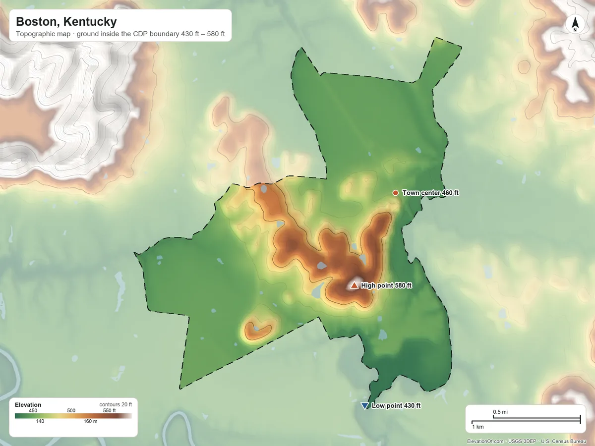 Topographic elevation map of Boston, Kentucky, shaded from 430 ft on the south side to 580 ft on the southwest side