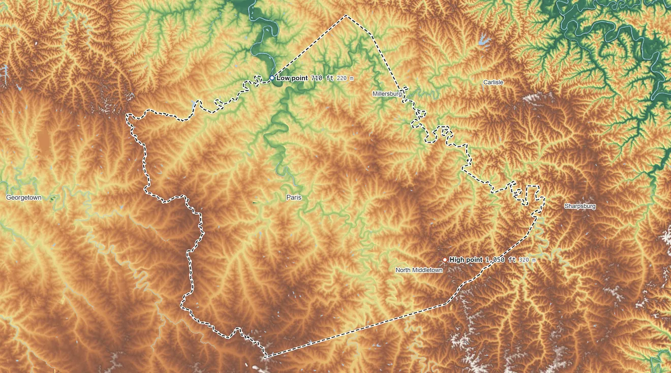 Topographic elevation map of Bourbon County, Kentucky, shaded from 710 ft on the northwest side to 1,050 ft on the southeast side