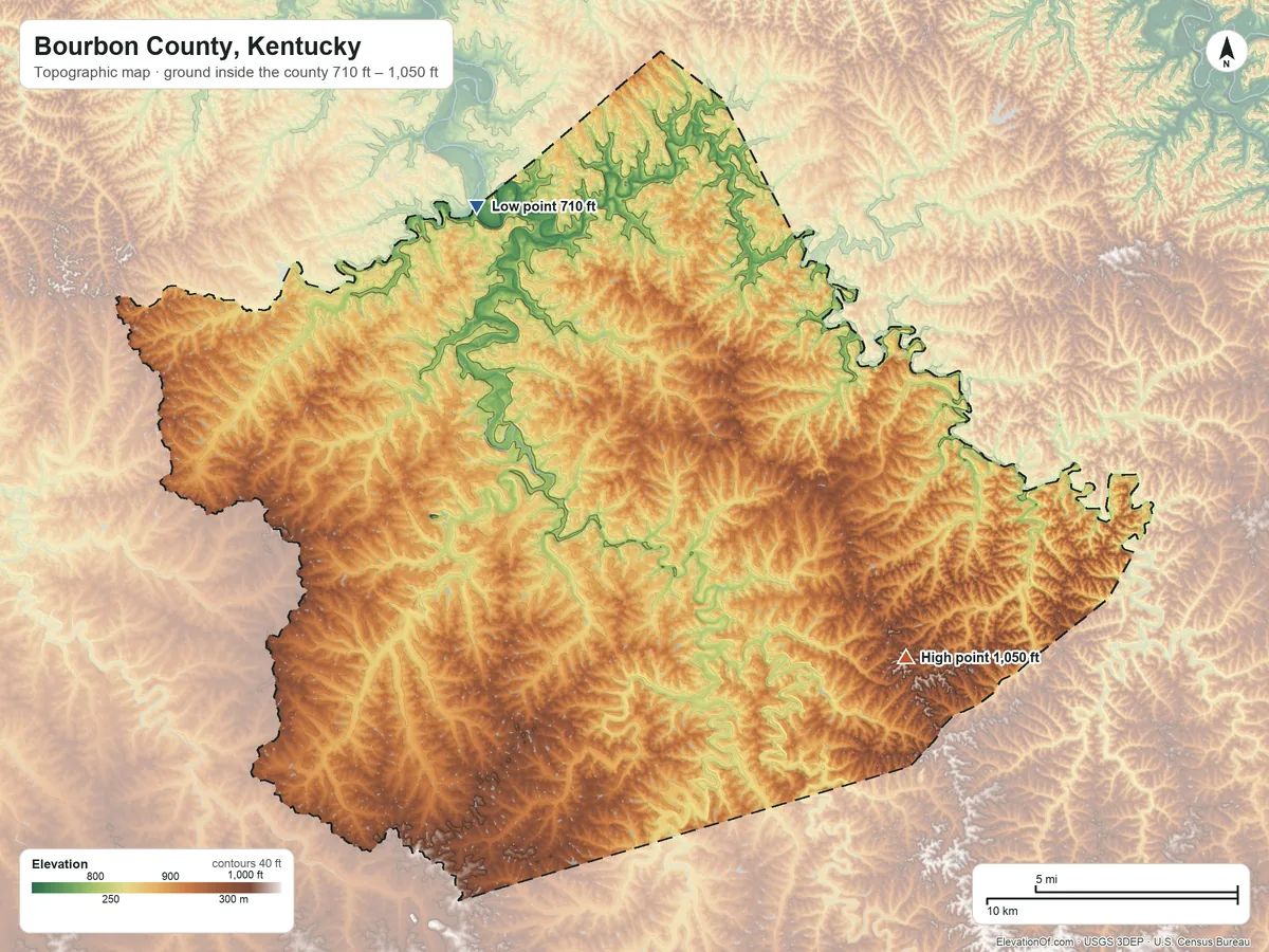 Topographic elevation map of Bourbon County, Kentucky, shaded from 710 ft on the northwest side to 1,050 ft on the southeast side