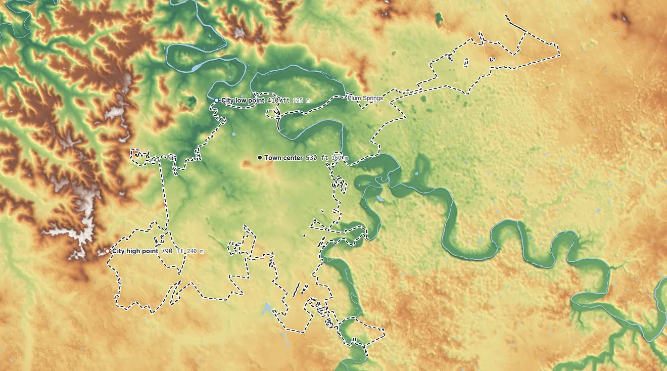 Topographic elevation map of Bowling Green, Kentucky, shaded from 410 ft on the northwest side to 790 ft on the southwest side