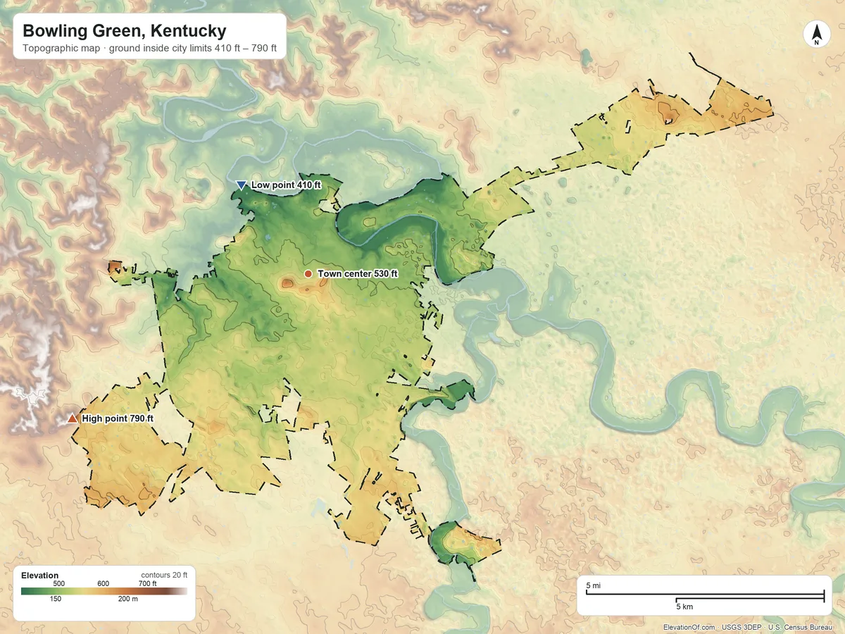 Topographic elevation map of Bowling Green, Kentucky, shaded from 410 ft on the northwest side to 790 ft on the southwest side