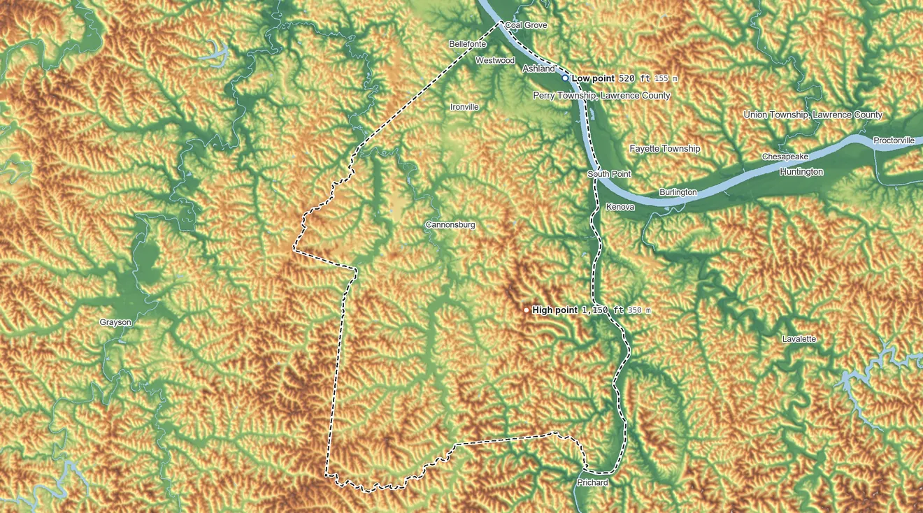 Topographic elevation map of Boyd County, Kentucky, shaded from 520 ft on the northeast side to 1,150 ft on the southeast side