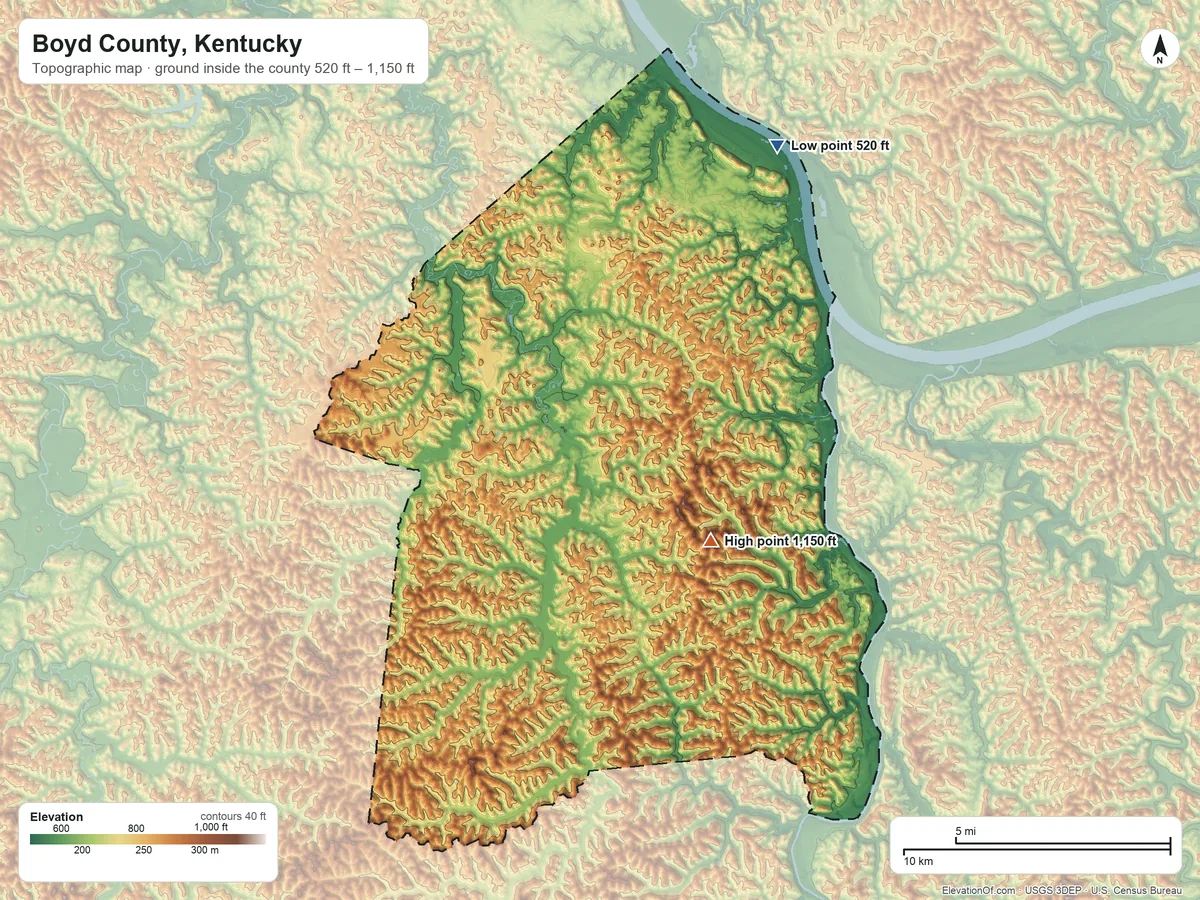 Topographic elevation map of Boyd County, Kentucky, shaded from 520 ft on the northeast side to 1,150 ft on the southeast side