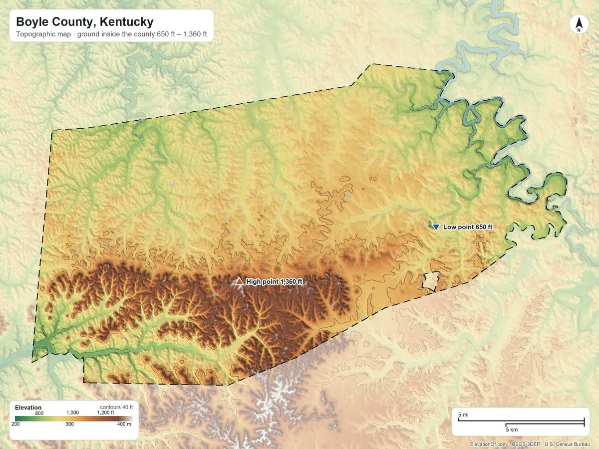 Topographic elevation map of Boyle County, Kentucky, shaded from 650 ft on the east side to 1,360 ft on Parksville Knob