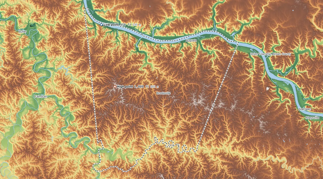Topographic elevation map of Bracken County, Kentucky, shaded from 470 ft on the northwest side to 1,000 ft on the west side