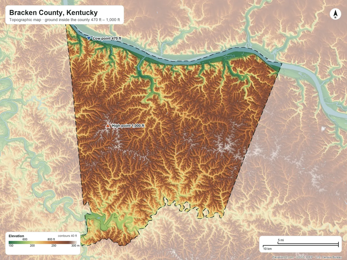 Topographic elevation map of Bracken County, Kentucky, shaded from 470 ft on the northwest side to 1,000 ft on the west side