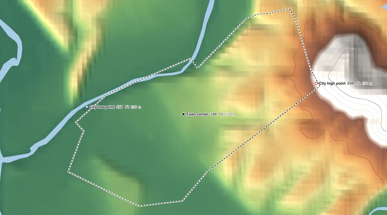 Topographic elevation map of Bradfordsville, Kentucky, shaded from 650 ft on the west side to 890 ft on the east side
