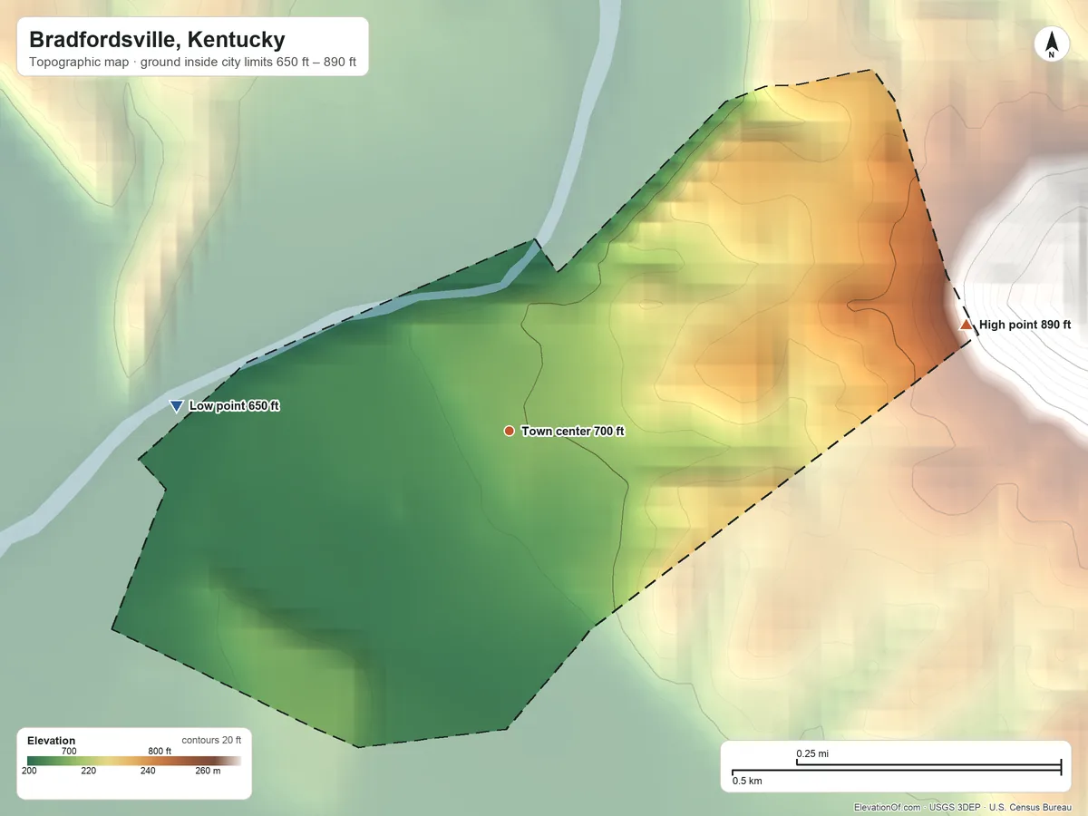 Topographic elevation map of Bradfordsville, Kentucky, shaded from 650 ft on the west side to 890 ft on the east side