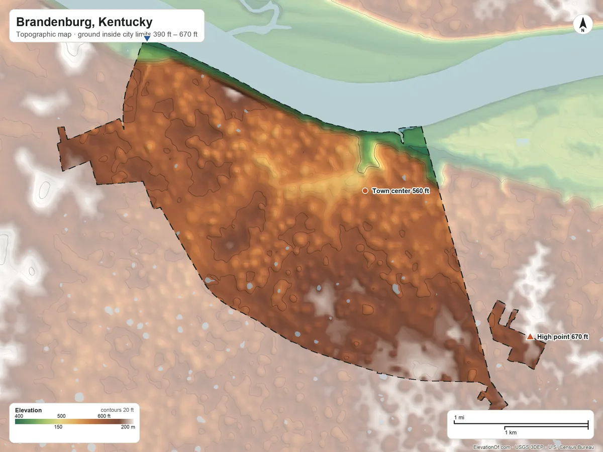 Topographic elevation map of Brandenburg, Kentucky, shaded from 390 ft on the northwest side to 670 ft on the southeast side