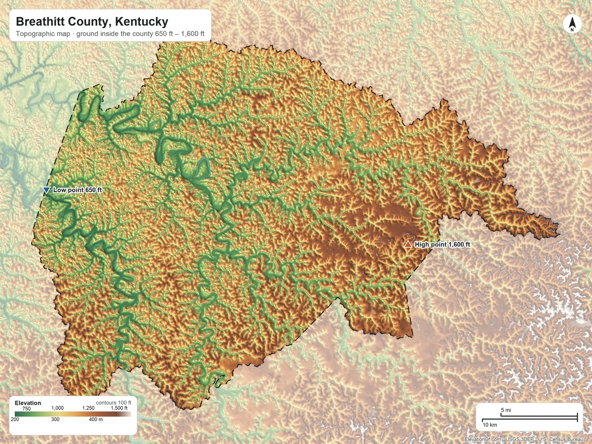 Topographic elevation map of Breathitt County, Kentucky, shaded from 650 ft on the west side to 1,600 ft on the east side