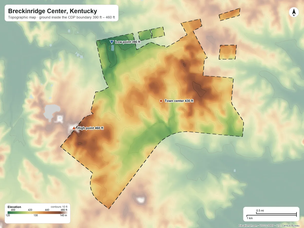 Topographic elevation map of Breckinridge Center, Kentucky, shaded from 390 ft on the northwest side to 460 ft on the west side