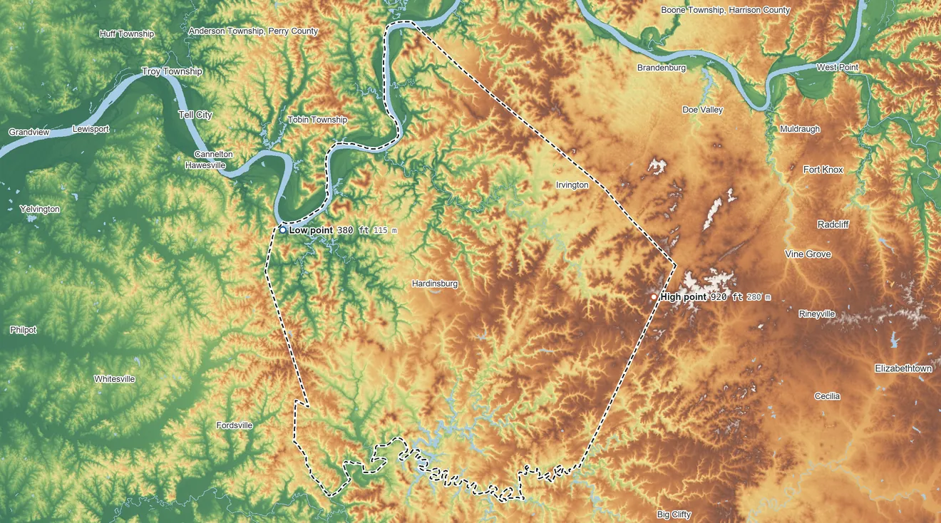Topographic elevation map of Breckinridge County, Kentucky, shaded from 380 ft on the west side to 920 ft on the east side