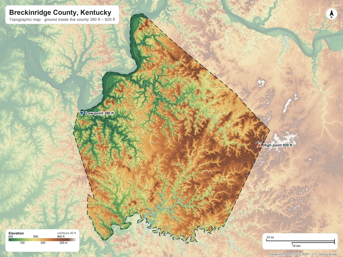 Topographic elevation map of Breckinridge County, Kentucky, shaded from 380 ft on the west side to 920 ft on the east side