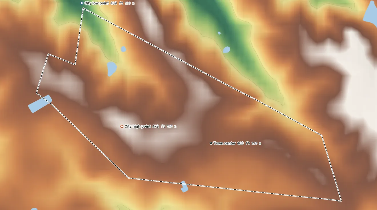 Topographic elevation map of Bremen, Kentucky, shaded from 430 ft on the northwest side to 470 ft on the west side