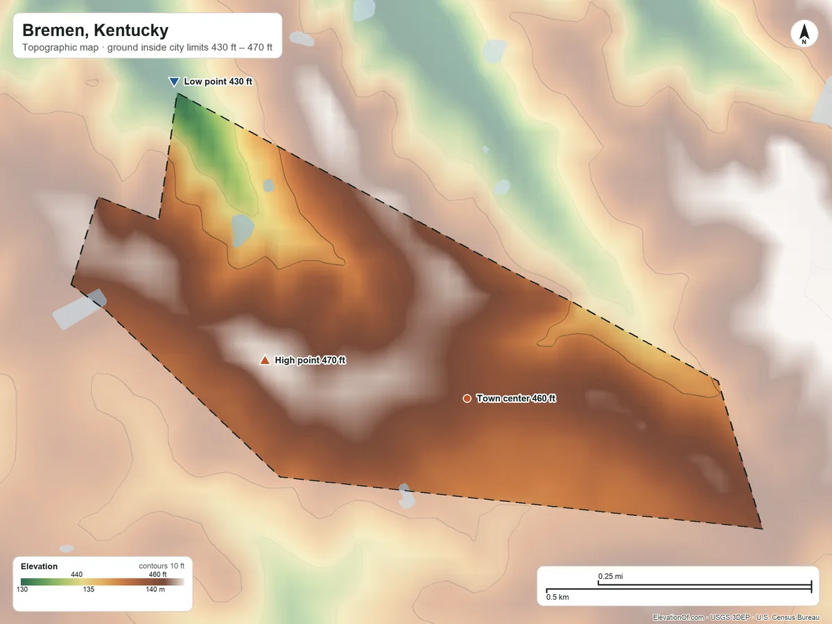 Topographic elevation map of Bremen, Kentucky, shaded from 430 ft on the northwest side to 470 ft on the west side